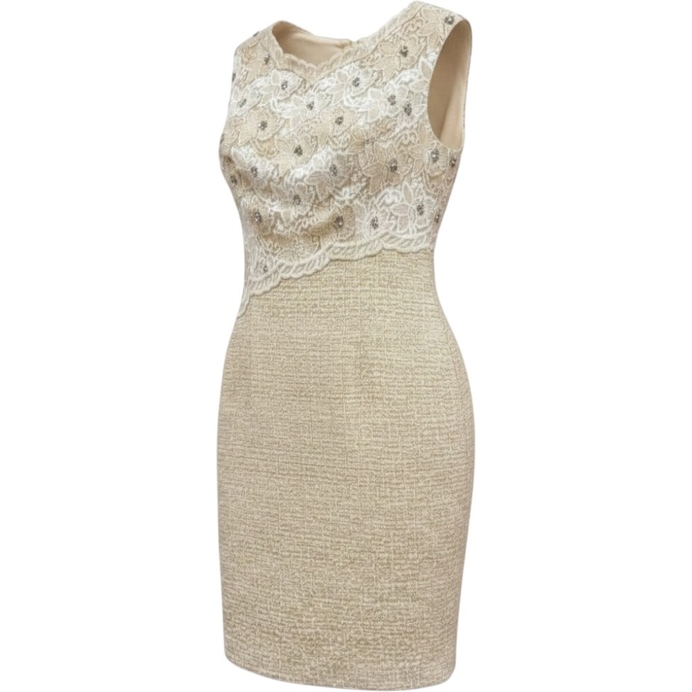 VTG Kay Unger Cocktail Dress Womens 14 Beaded Floral Embroidered Gold Metallic